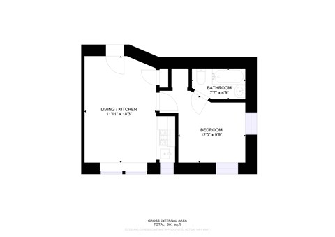 Floor plan for 1 bed, 1 bath, 361 sqft